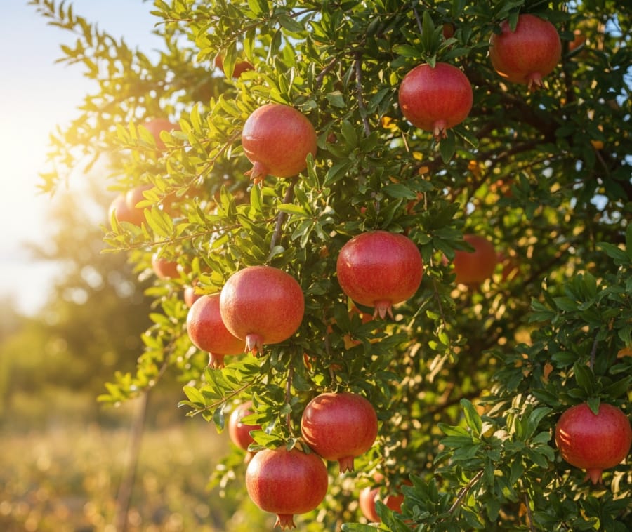 romãzeira carregada com frutos vermelhos e folhagem verde vibrante sob a luz do sol.